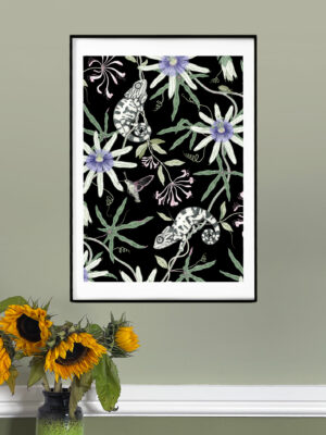 passiflora and woodbine black a3 art print