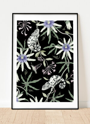 passiflora and woodbine black a3 art print
