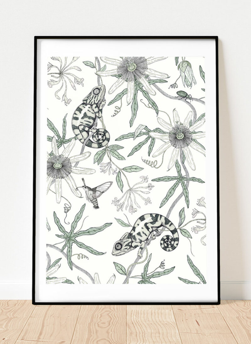 passiflora and woodbine white a3 art print