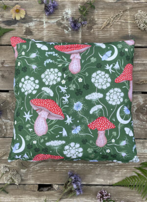 magick mushroom forest green cotton cushion