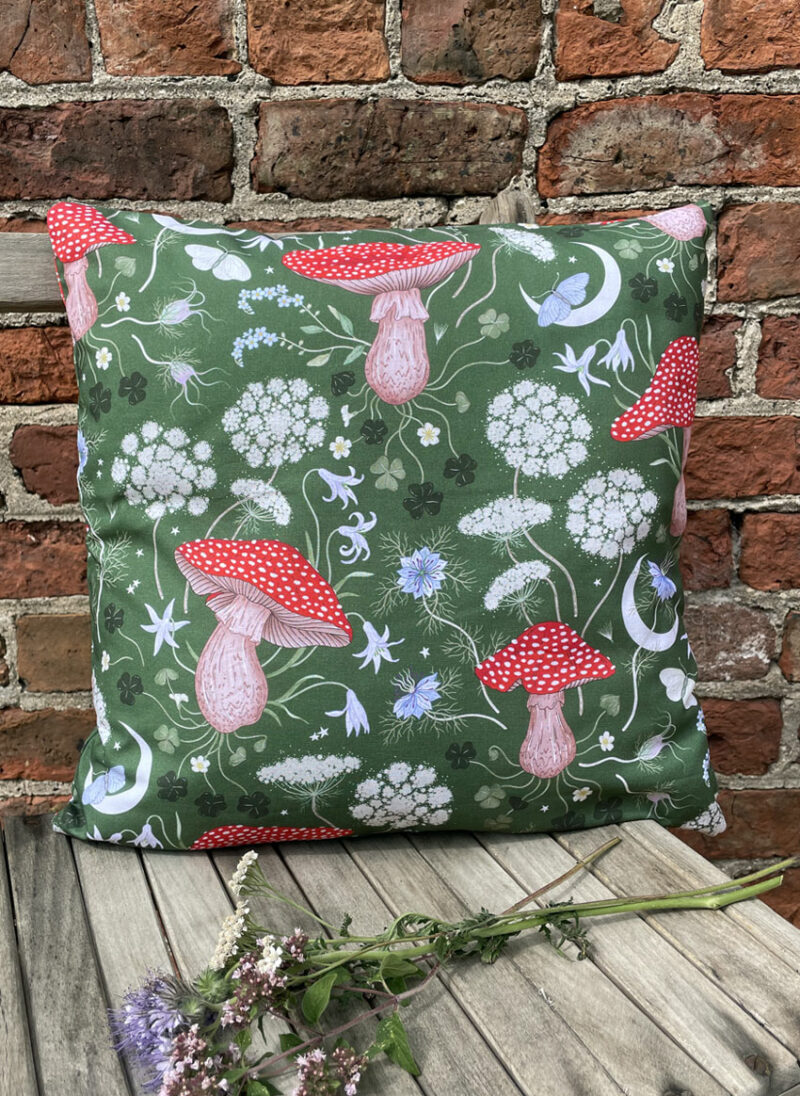 magick mushroom forest green cotton cushion