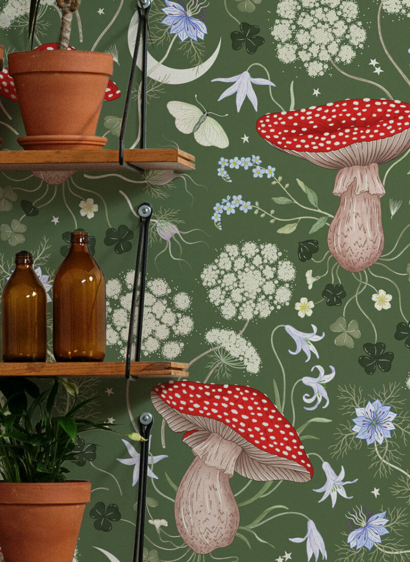 mushroom magick forest green wallpaper