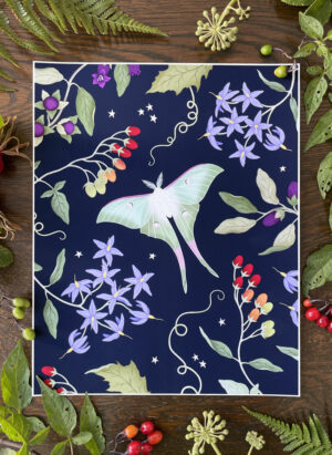 art print: luna moth amongst nightshade black (copy)